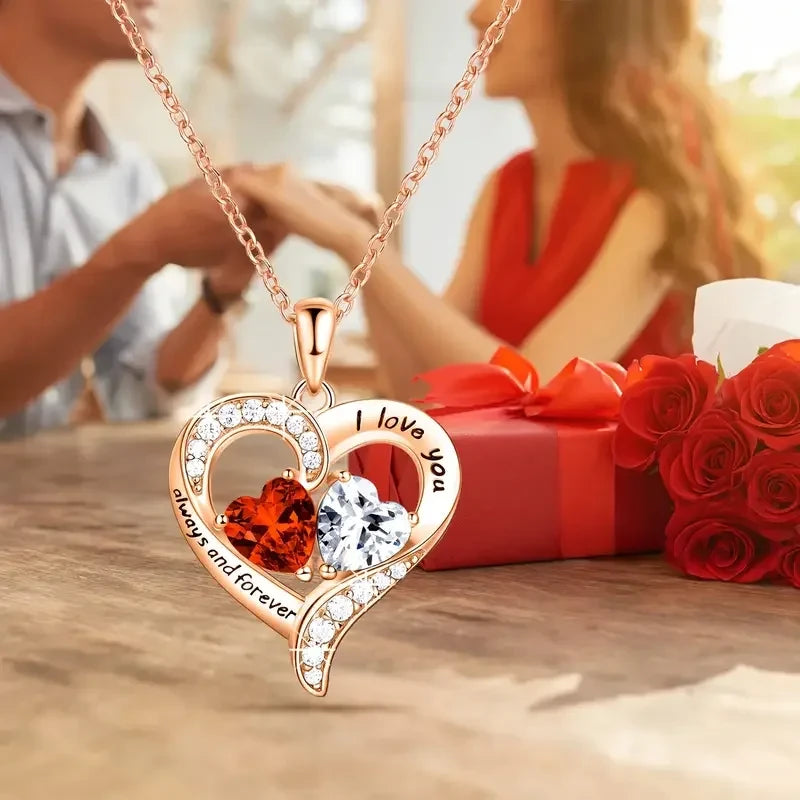 Red Heart Pendant Necklace Gold Tone