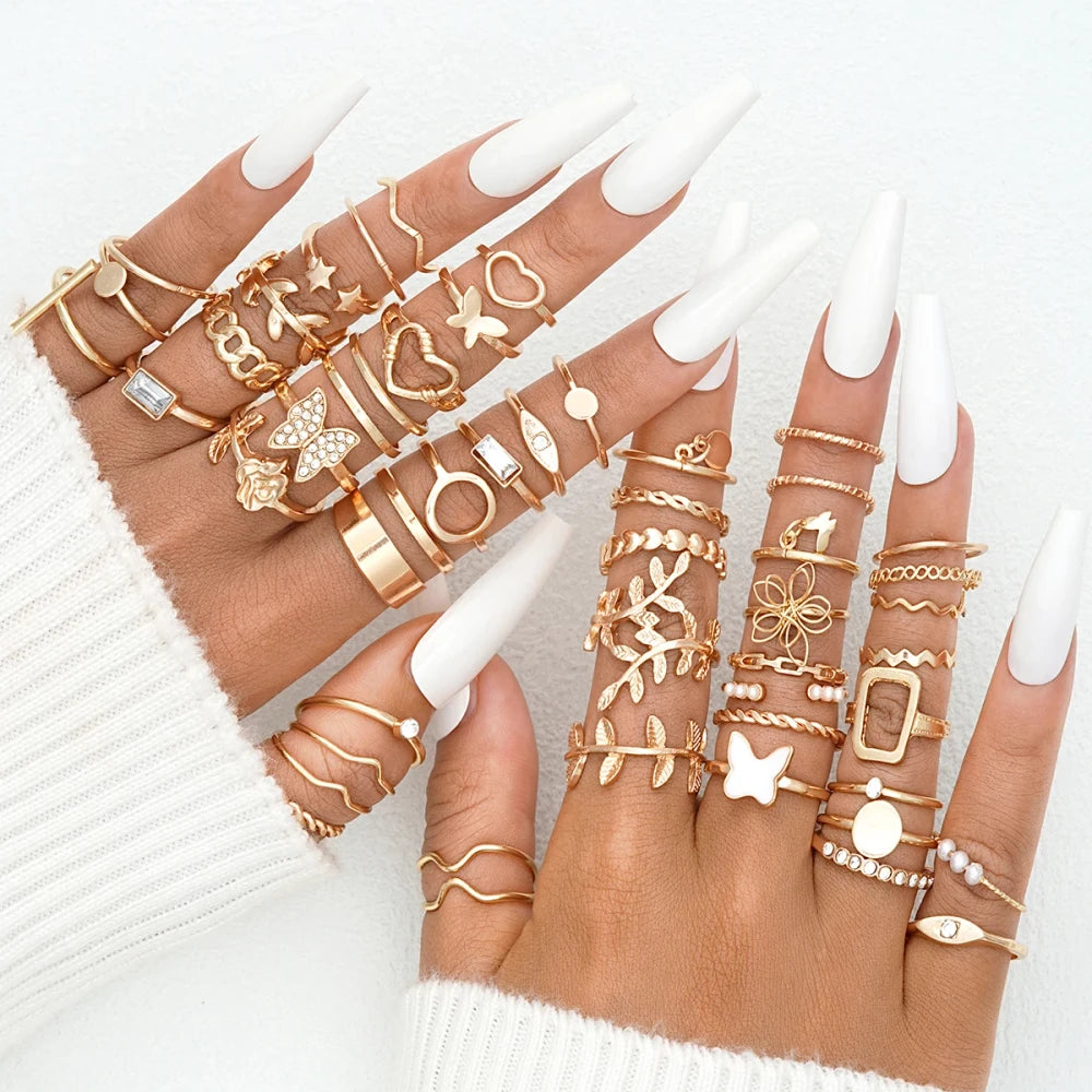 Vintage Heart Snake Butterfly Rings Set
