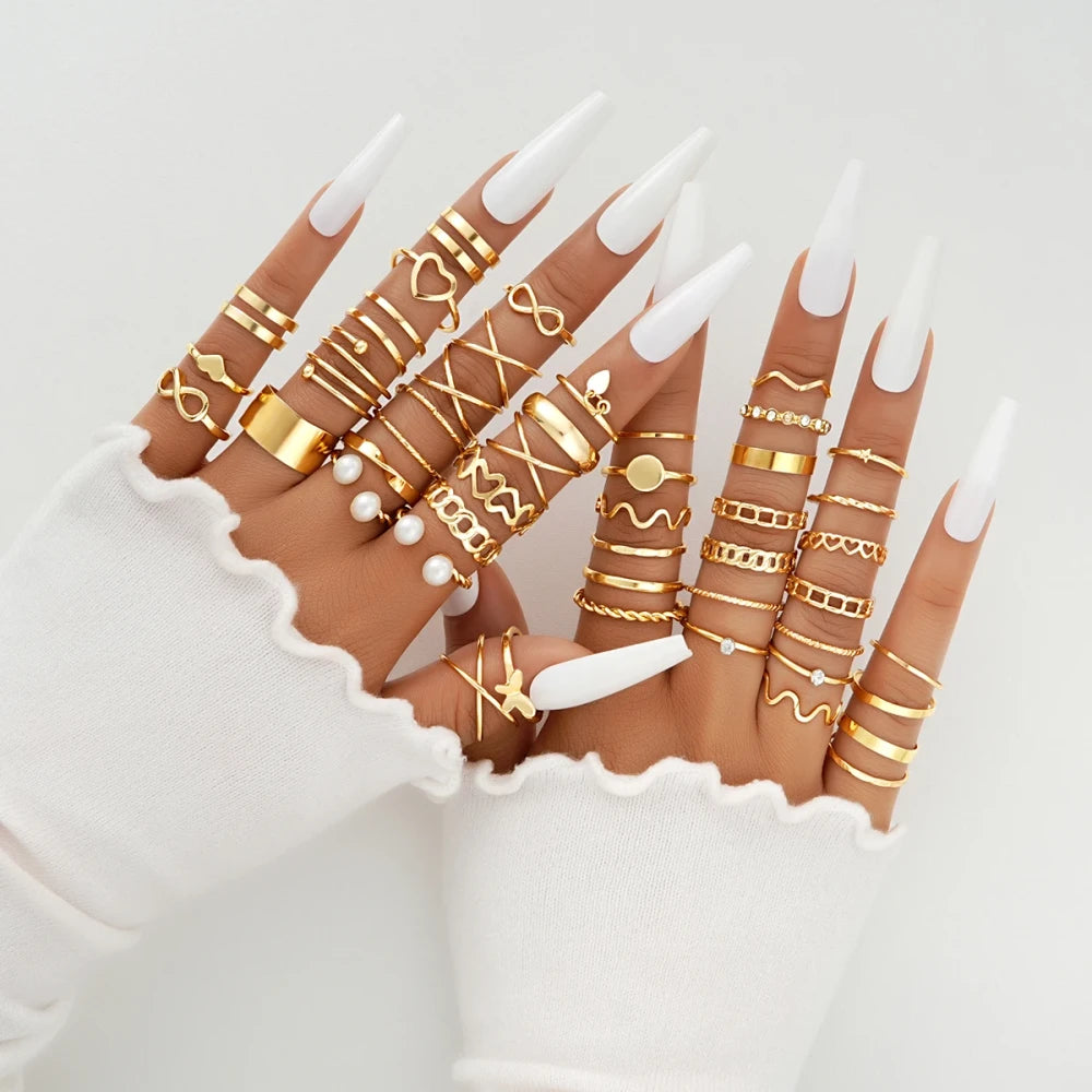 Vintage Heart Snake Butterfly Rings Set