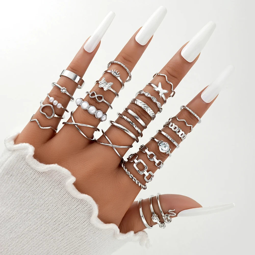 Vintage Heart Snake Butterfly Rings Set