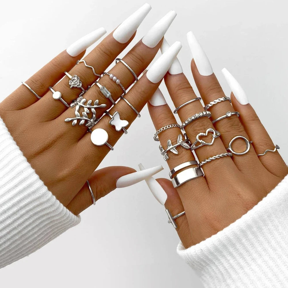 Vintage Heart Snake Butterfly Rings Set